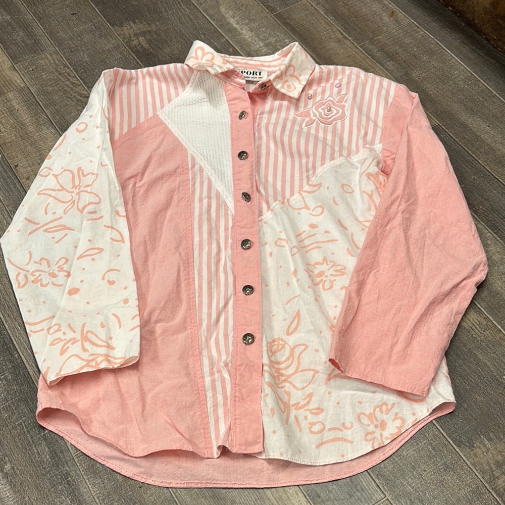 Vintage 90’s Button-Down Patchwork Blouse - Sunny Sport‎ Made in the USA - Sz 10